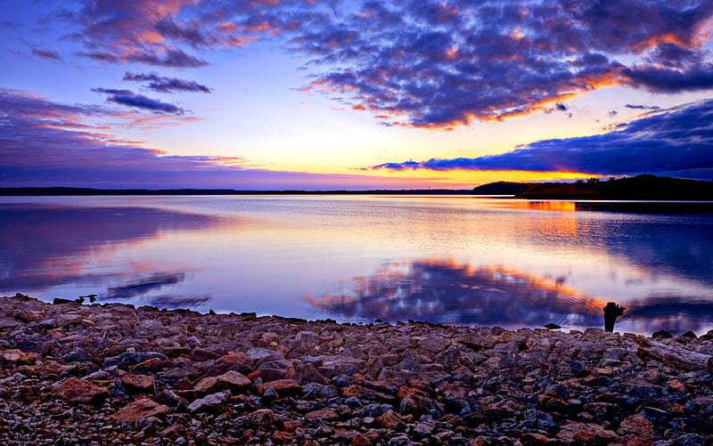 LAKE at SUNSET, shore, stones, rock, sunset, lake, HD wallpaper | Peakpx
