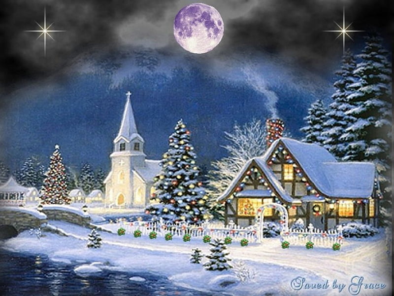 christmas church, nature, scenic, moon, seasonal, HD wallpaper