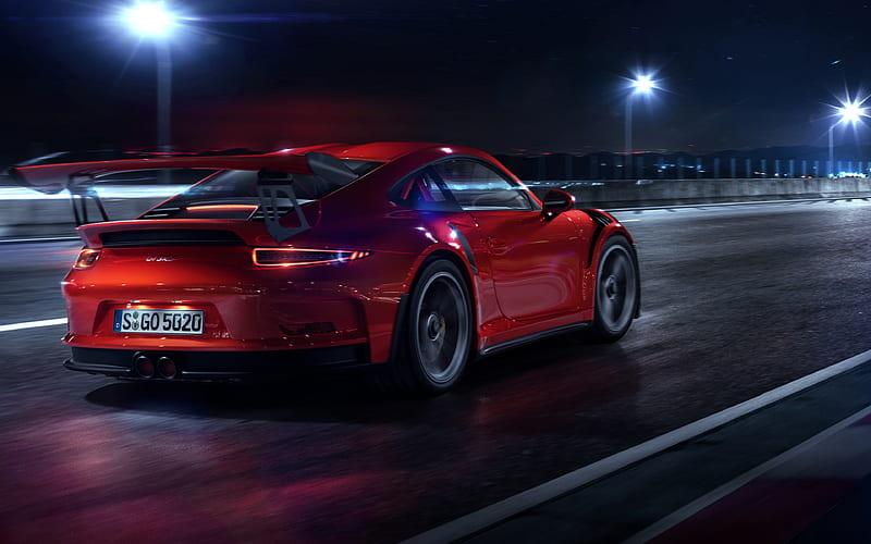 Porsche 911 GT3 RS, back view, 2018 cars, raceway, night, supercars, red Porsche 911, german cars, Porsche, HD wallpaper