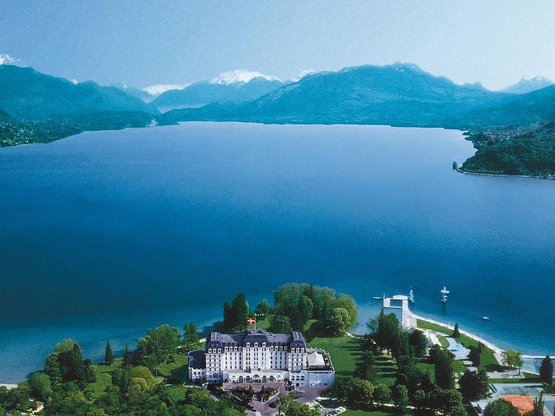 Lake Annecy, building, mountains, annecy, bonito, switzerland, panaroma, lake, blue, HD wallpaper