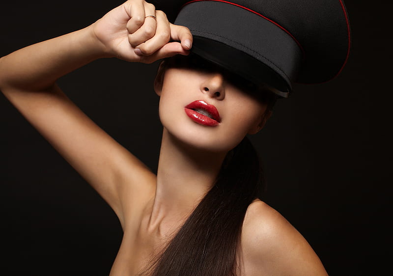 Train Conductor, conductor hat, black background, brim, black, shadow, woman, red lips, hat, HD wallpaper