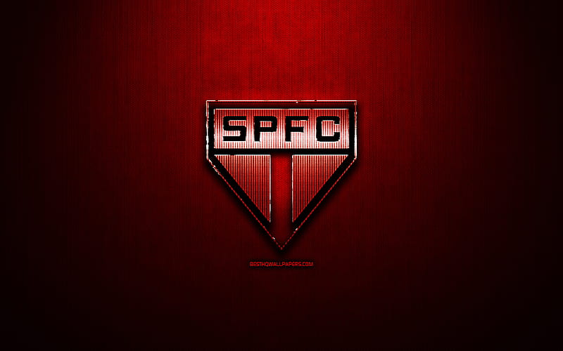 Sao Paulo FC, red metal background, Brazilian Seria A, brazilian football club, fan art, Sao Paulo logo, football, soccer, SPFC, Brazil, HD wallpaper