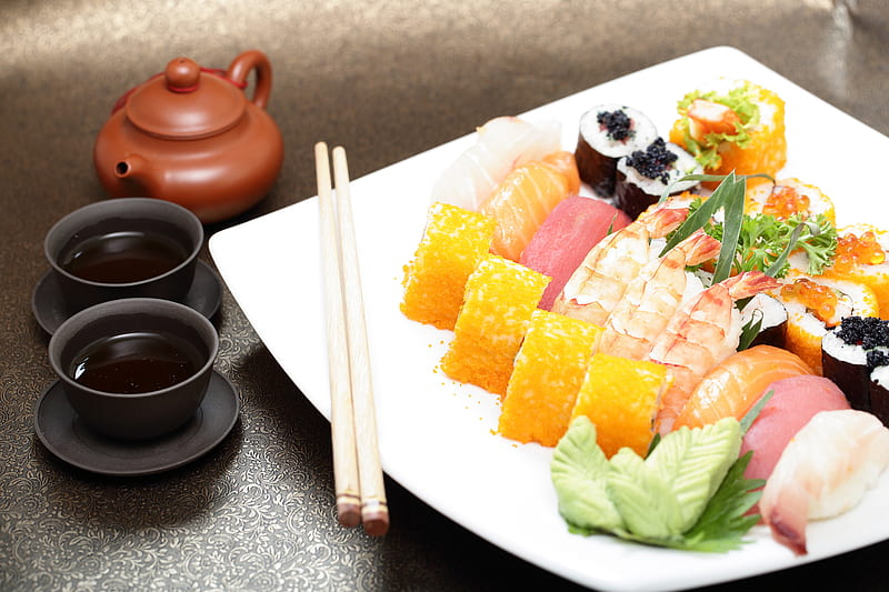 Sushi, seafood, japan, soy sauce, food, chopsticks, plate, cups, HD wallpaper