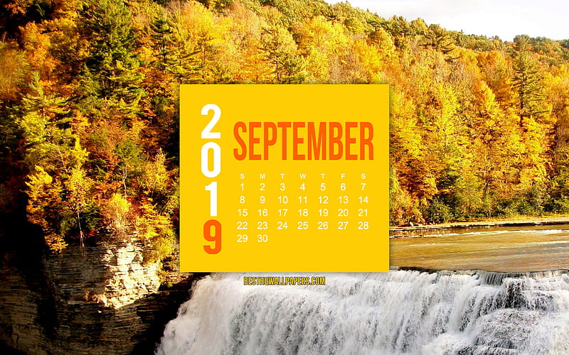 2019 September Calendar, mountain river, autumn landscape, yellow paper element, 2019 Calendars, September, HD wallpaper