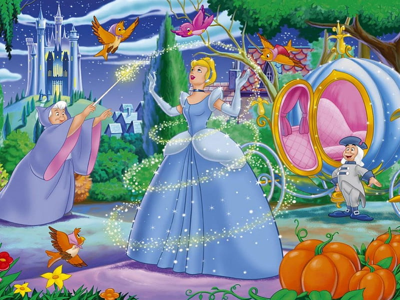 ~Bibbidi-Bobbidi-Boo~, colorful, Disney, movie, fairy tale, birds, magic, cinderella, carriage, fairy godmother, classic, castle, princess, pumpkins, HD wallpaper