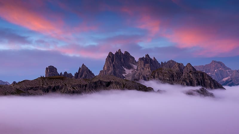 Sunset, Sky, Mountains, Pink, Italy, Mountain, Fog, , Purple, Dolomites, HD wallpaper
