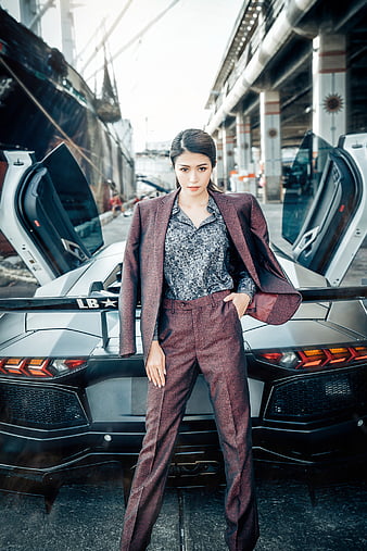 Lamborghini, women, car, vehicle, women with cars, leaning, Asian ...