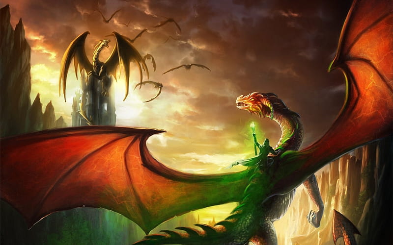 Dragons, red, art, fantasy, wings, green, rider, game, dragon, HD wallpaper