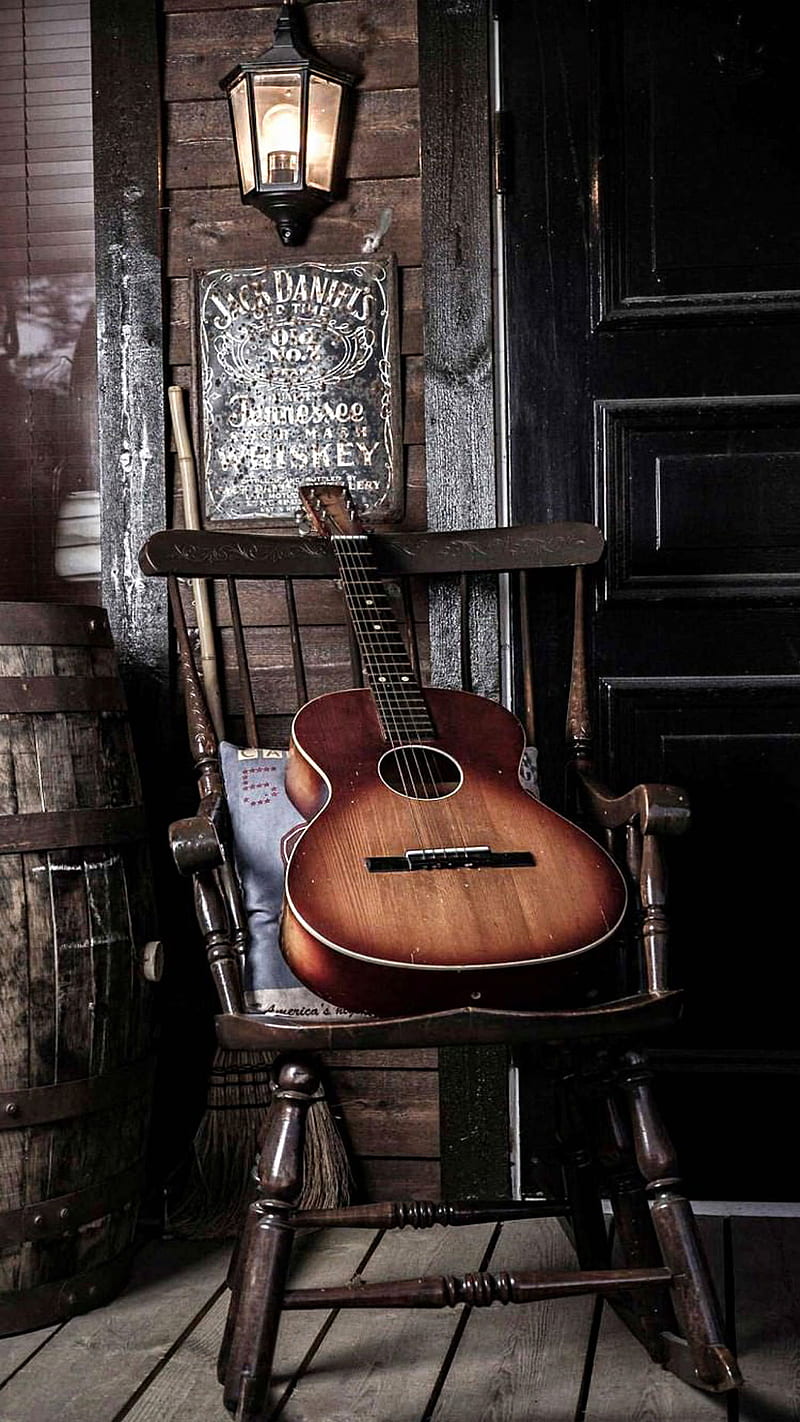 guitar on chair, barrel, light, whisky, HD phone wallpaper