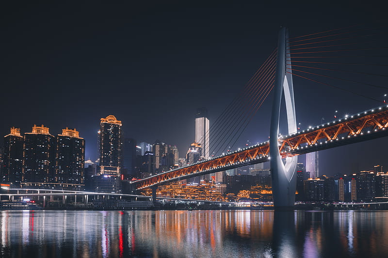 bridge, architecture, night city, backlight, chongqing, china, HD wallpaper