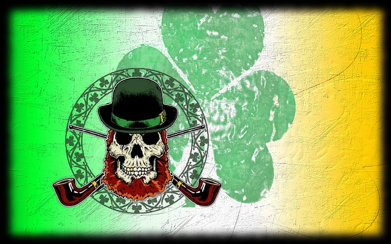 Shamrock-Skull, irish, green, ireland, orange, white, skull, shamrock, HD wallpaper