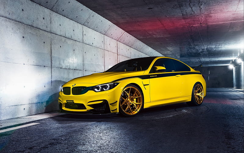 BMW M4, F82, 2018, yellow sports coupe, tuning yellow m4, gold wheels, German cars, BMW, HD wallpaper