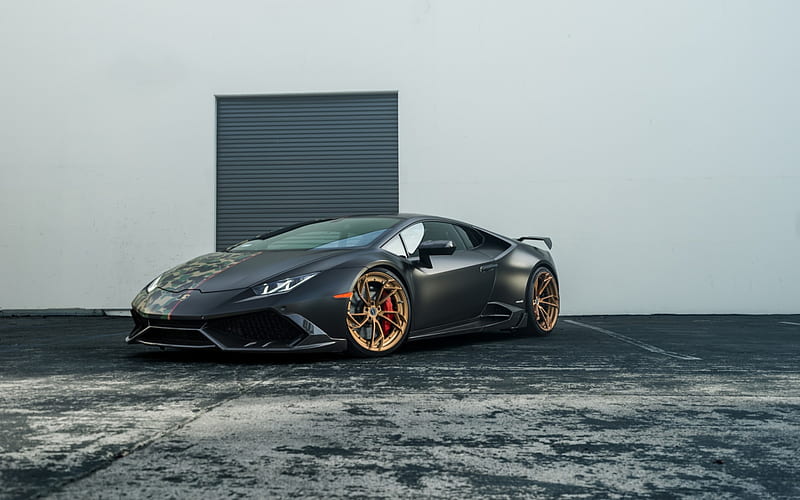 Lamborghini Huracan, black matte Huracan, sports car, bronze wheels, Italian cars, Boden Brixton, BAPE X, Lamborghini, HD wallpaper