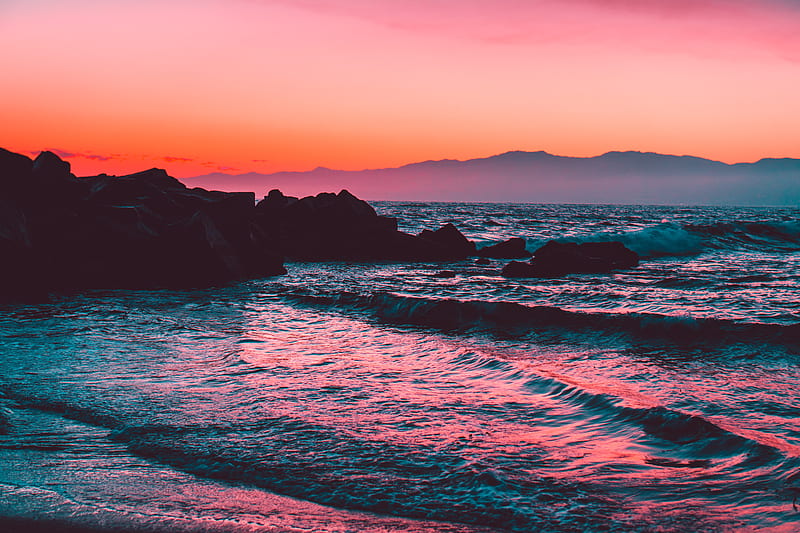 rocks, sunset, sea, waves, HD wallpaper