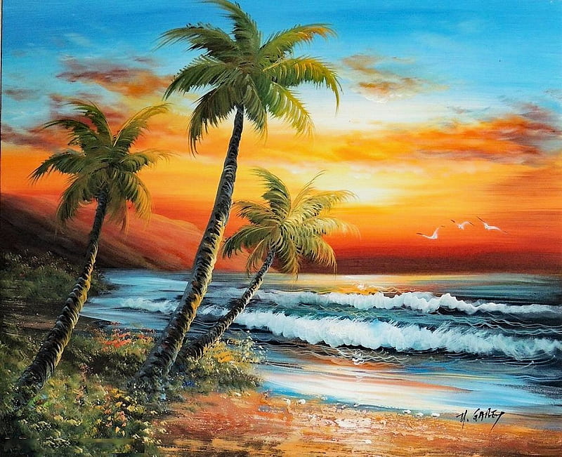 Tropical Sunset, beach, painting, waves, artwork, sea, palms, HD wallpaper