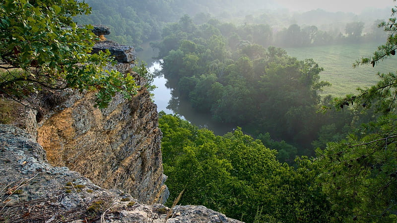 cliff above a river in a foggy tennessee park, forest, river, cliff, fog, HD wallpaper