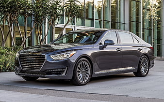 Genesis G90, 2019, luxury gray sedan, front view, exterior, new gray G90, korean cars, Genesis, HD wallpaper