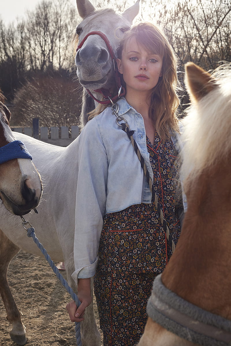 Frida Gustavsson, model, women outdoors, horse, looking at viewer, women with horse, HD phone wallpaper