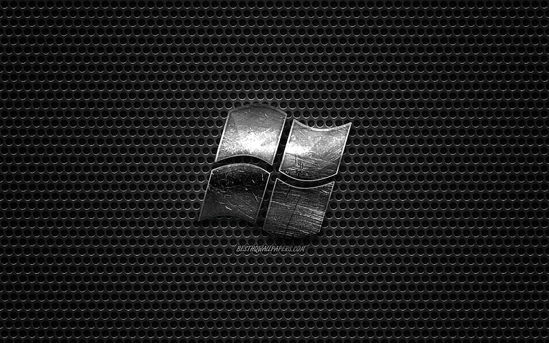 Windows logo, steel polished logo, emblem, old Windows logo, metal grid texture, black metal background, Windows, HD wallpaper