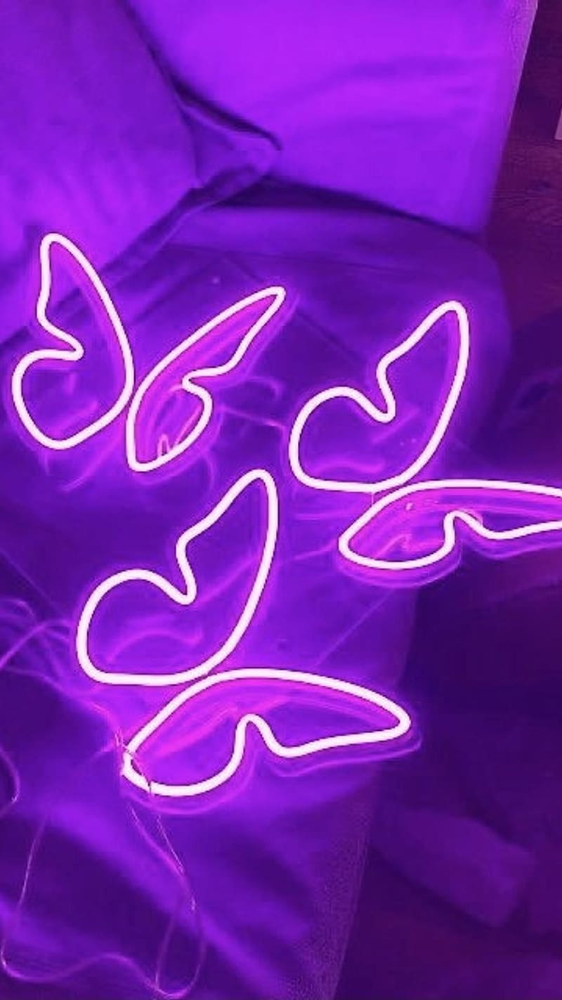 Aesthetic Purple Butterflies In Neon Light, aesthetic purple, butterflies, neon light, HD phone wallpaper
