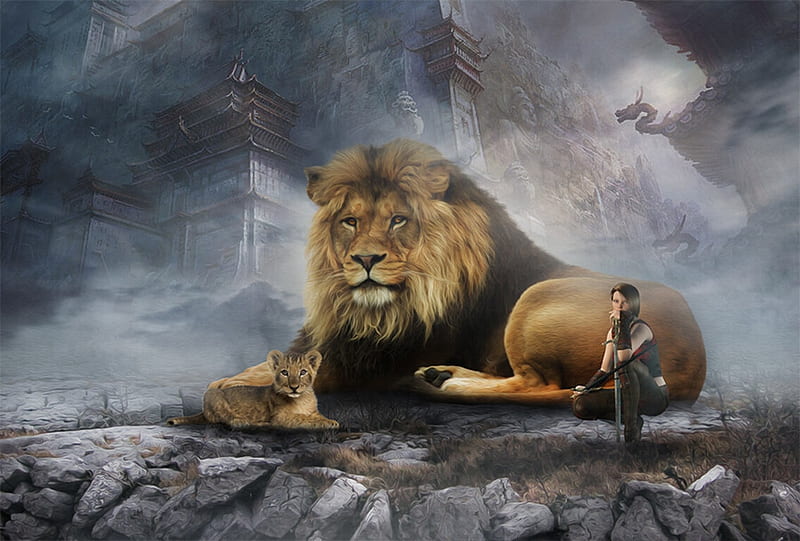 The lions and the girl, giant, cyrus rouhani, fantasy, girl, leu, cub, lion, HD wallpaper