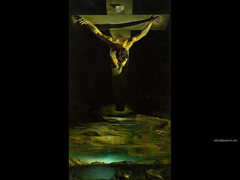 Johns Christ on the Cross, art, salvador dali, salvador, floating, sky, christ, air, painting, dali, cross, HD wallpaper