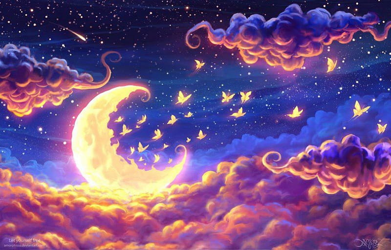 •Dream•, stars, abstract, sky, clouds, fantasy, moon, butterfly dream, night, HD wallpaper