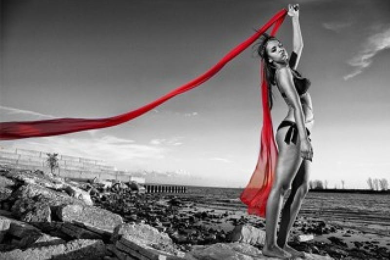 It broke the thread of red silk that united us., girl, thread, united, beauty, red silk, red and black, two colors, bikini, HD wallpaper