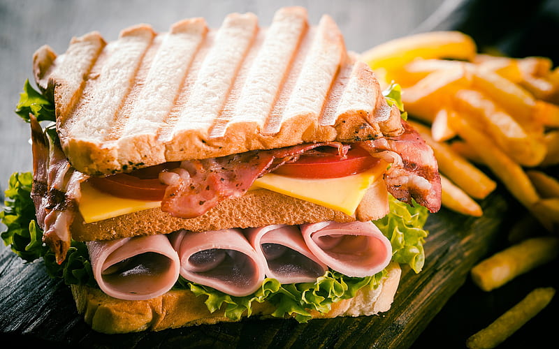 ham sandwich, fast food, double sandwich, French fries, bread with sausage, HD wallpaper