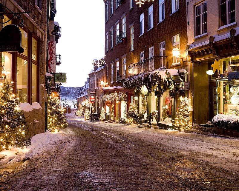 Quebec, christmas, night, town, winter, HD wallpaper