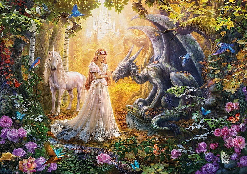 The meeting, frumusete, fantasy, luminos, girl, unicorn, dragon, princess, HD wallpaper