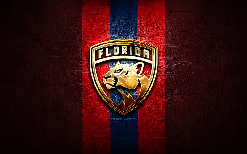 Florida Panthers, golden logo, NHL, red metal background, american hockey team, National Hockey League, Florida Panthers logo, hockey, USA, HD wallpaper