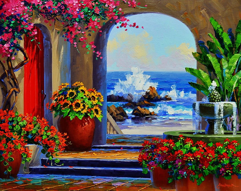 Mediterranean view, rocks, pretty, shore, breeze, bonito, sea, beach, nice, sunflowers, painting, flowers, blue, mediterranean, exotic, lovely, view, fresh, waves, freshness, arch, summer, HD wallpaper