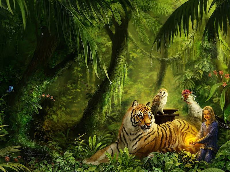 girl and tiger, forest, art, tiger, trees, fantasy, 3d, girl, color, kids, HD wallpaper