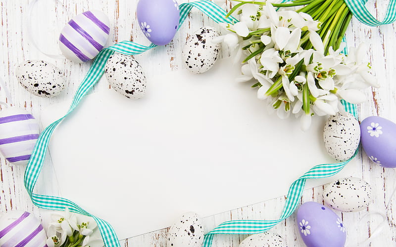 Easter, purple Easter eggs, spring, Easter frame, spring white flowers, Easter greeting card template, HD wallpaper