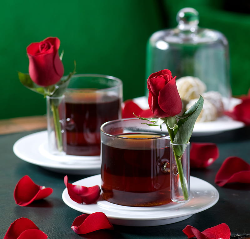 Tea for Two..., cake, rose, bonito, valentine, tea, graphy, nice, gentle, love, drink, cups, harmony, romance, roses, elegantly, cool, petals, HD wallpaper