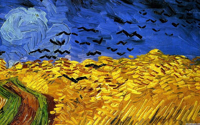 Wheatfield With Crows - Van Gogh, wheatfield, brown, crows, yellow, sky, gold, green, painting, van gogh, cornfield, blue, HD wallpaper
