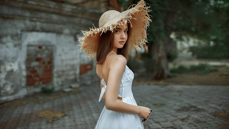 Brunette Girl In White Hat, brunette, girls, model, hat, white-dress, HD wallpaper