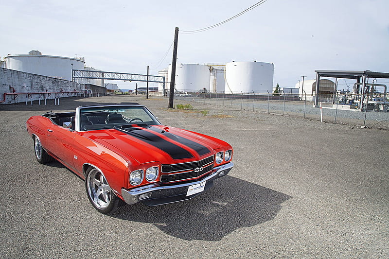 Chevrolet Chevelle SS Convertible Red Black Stripes, Classic, Red, GM, Muscle, HD wallpaper