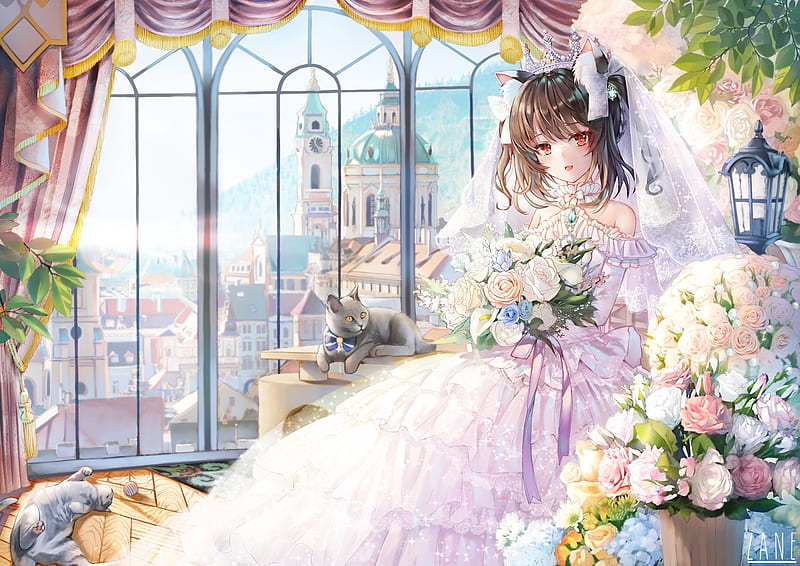 beautiful anime girl, bride, wedding dress, red eyes, rose bouquet, wedding attire, cat, Anime, HD wallpaper