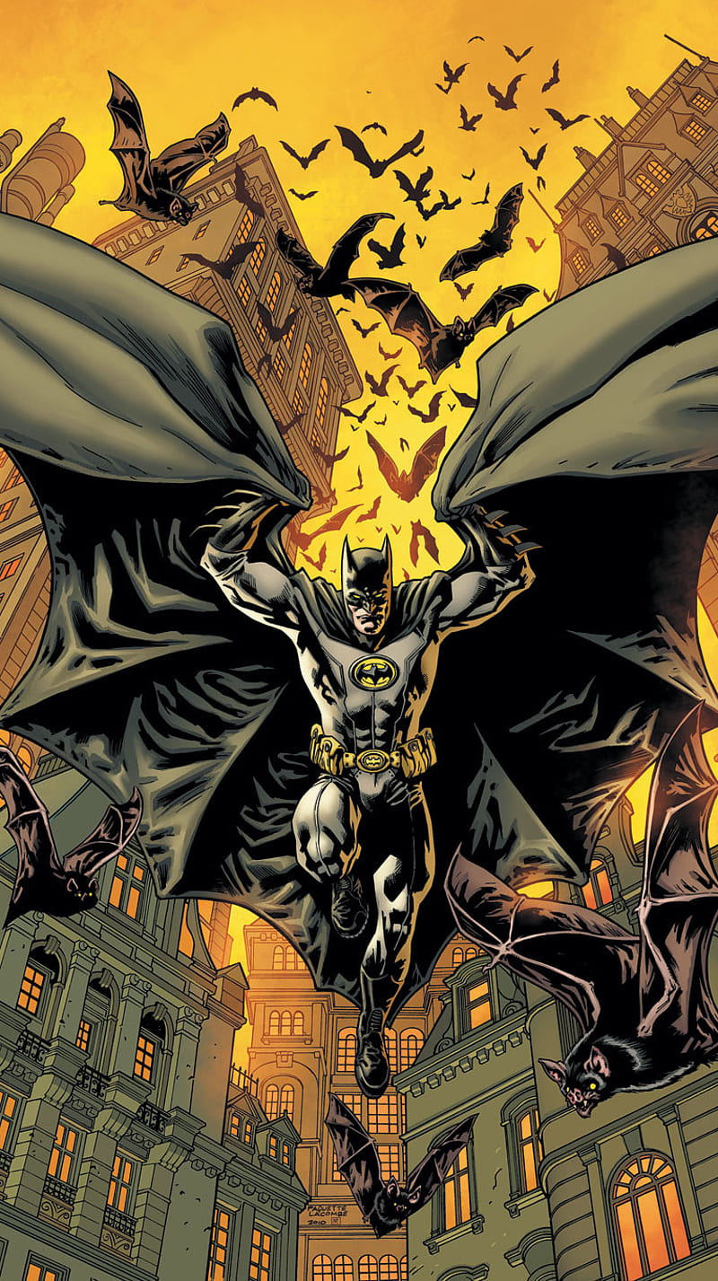 Batman, bats, black, cartoon, city, comic, marvel, HD phone wallpaper