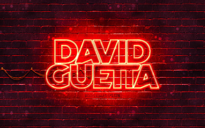 David Guetta red logo superstars, french DJs, red brickwall, David Guetta logo, Pierre David Guetta, David Guetta, music stars, David Guetta neon logo, HD wallpaper