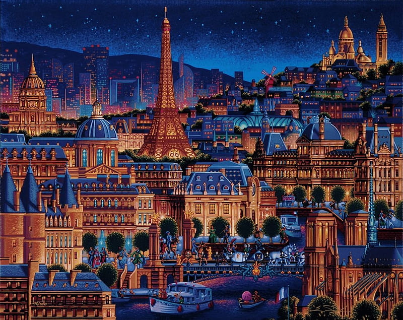 Paris, tower eiffel, art, orange, france, painting, eric dowdle, pictura, blue, night, HD wallpaper