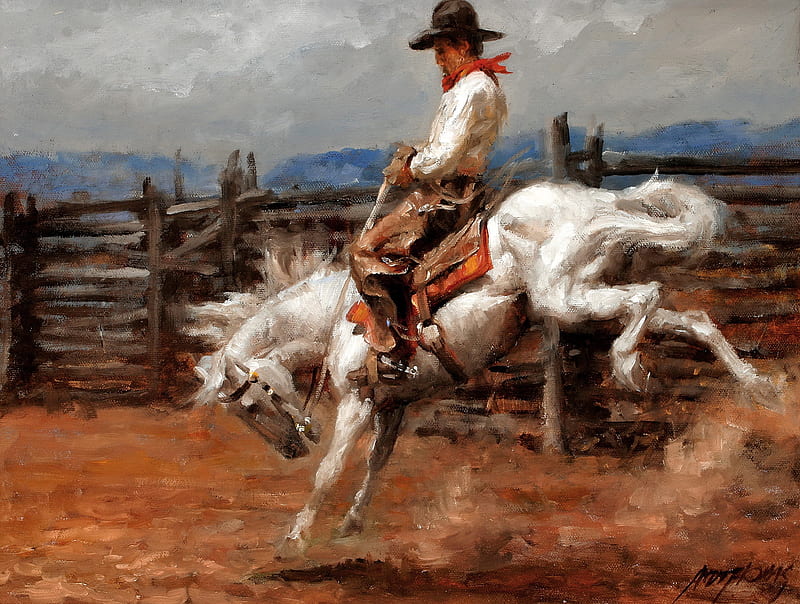 Cowboy on horse, art, orange, man, horse, animal, hat, texture, painting, cowboy, white, pictura, HD wallpaper