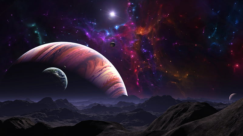 We Walked With Giants - Hells Escape Artist, stars, planets, moons, space, Tyler Young, galaxies, 3D render, HD wallpaper