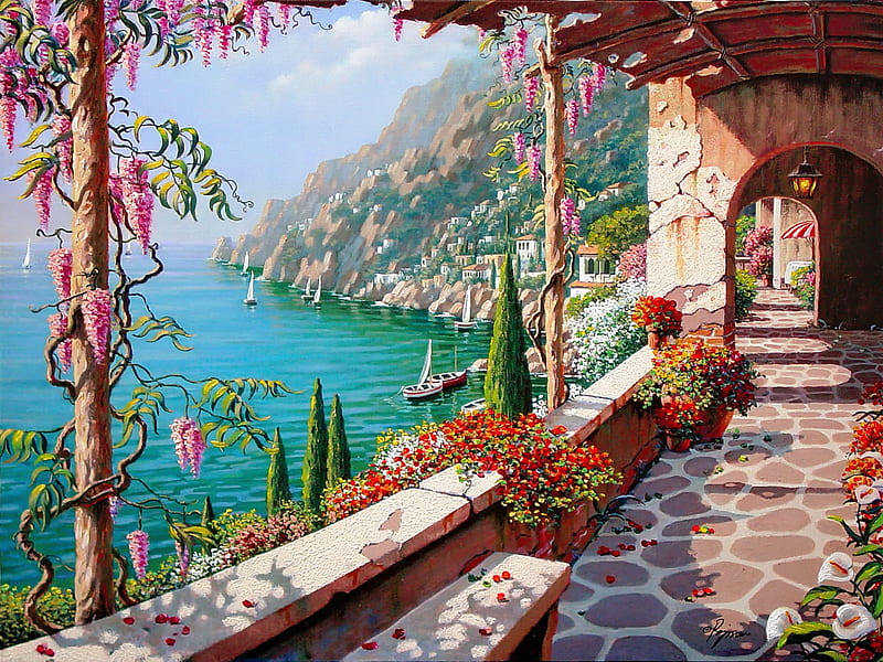 Villa in Capri, art, view, Capri, Sung Kim, bonito, villa, terrace, sea, painting, coast, HD wallpaper