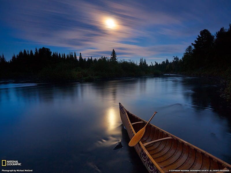 Moonlight Canoe Allagash River-Landscape graphy theme, HD wallpaper
