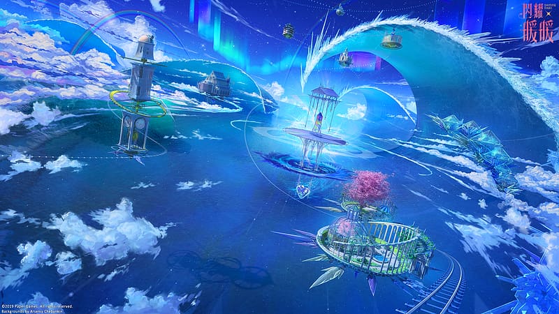 Anime, Fantasy, Rainbow, Clock, Building, Aurora Borealis, Cloud, Original, Floating Island, HD wallpaper