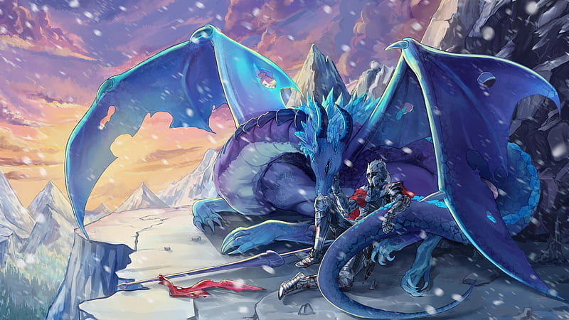 ice dragon lin, mirror, armor, spear, snow, mountain, anime games, Anime, HD wallpaper