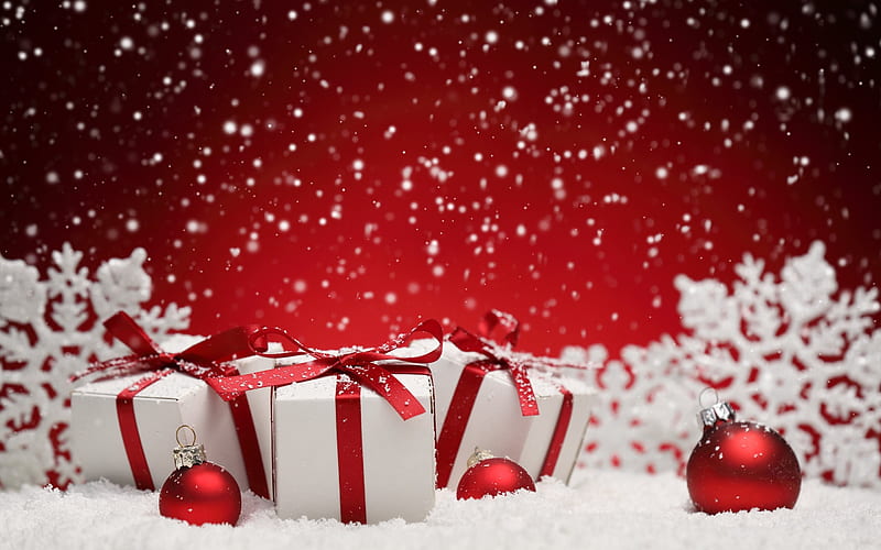 Christmas, New Year red balls, snow, Red Christmas Background, HD wallpaper